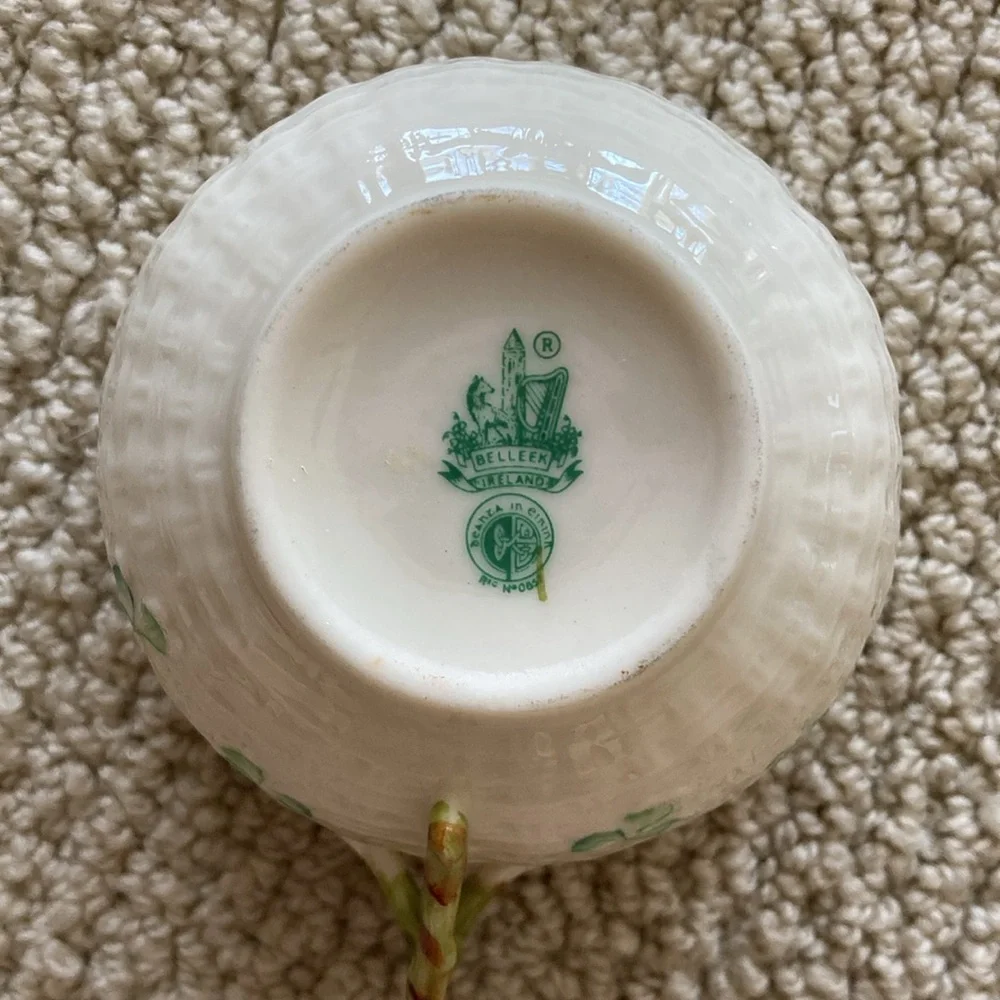 Belleek Small Tea Cup Saucer Green Cream Setting Vintage Ireland Like New